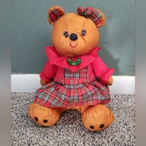 Vintage Christmas Puffalump 1993 Teddy Bear Girl Nylon Plush 13" red dress plaid